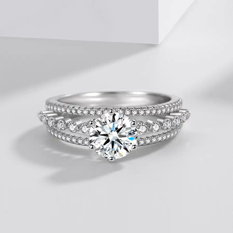 2ct Round Solitaire Lab Grown Diamond Ring With Triple Row Band — lab grown diamond ring