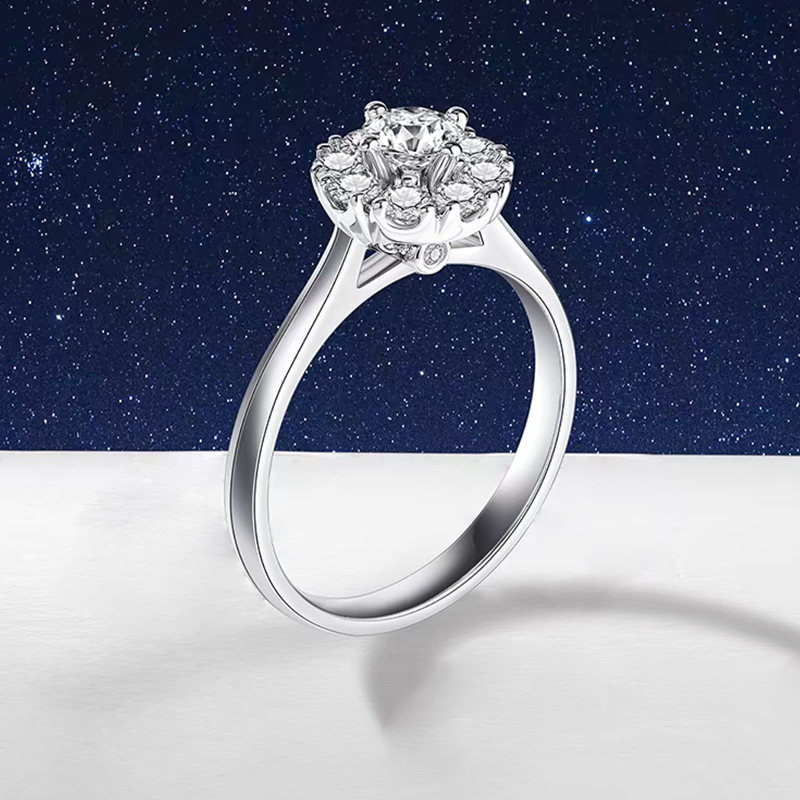 Round Floral Halo Lab Grown Diamond Engagement Ring In 18K White Gold — lab grown diamond ring