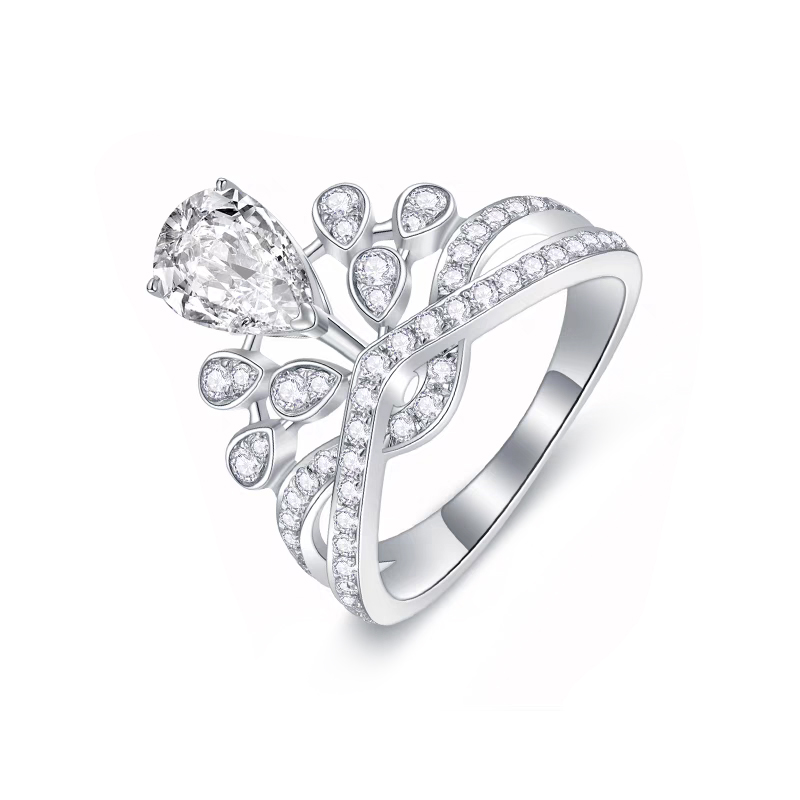 Pear Cut Lab Grown Diamond Ring With Pave Leaf Crossover Band — lab grown diamond ring