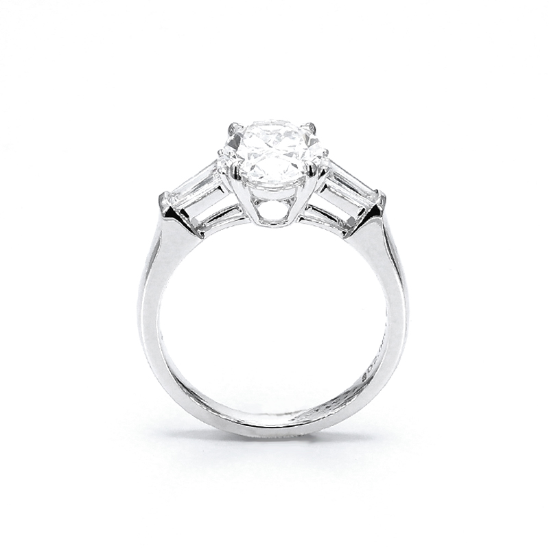 Oval Three Stone Lab Grown Diamond Ring With Tapered Baguettes — lab grown diamond ring