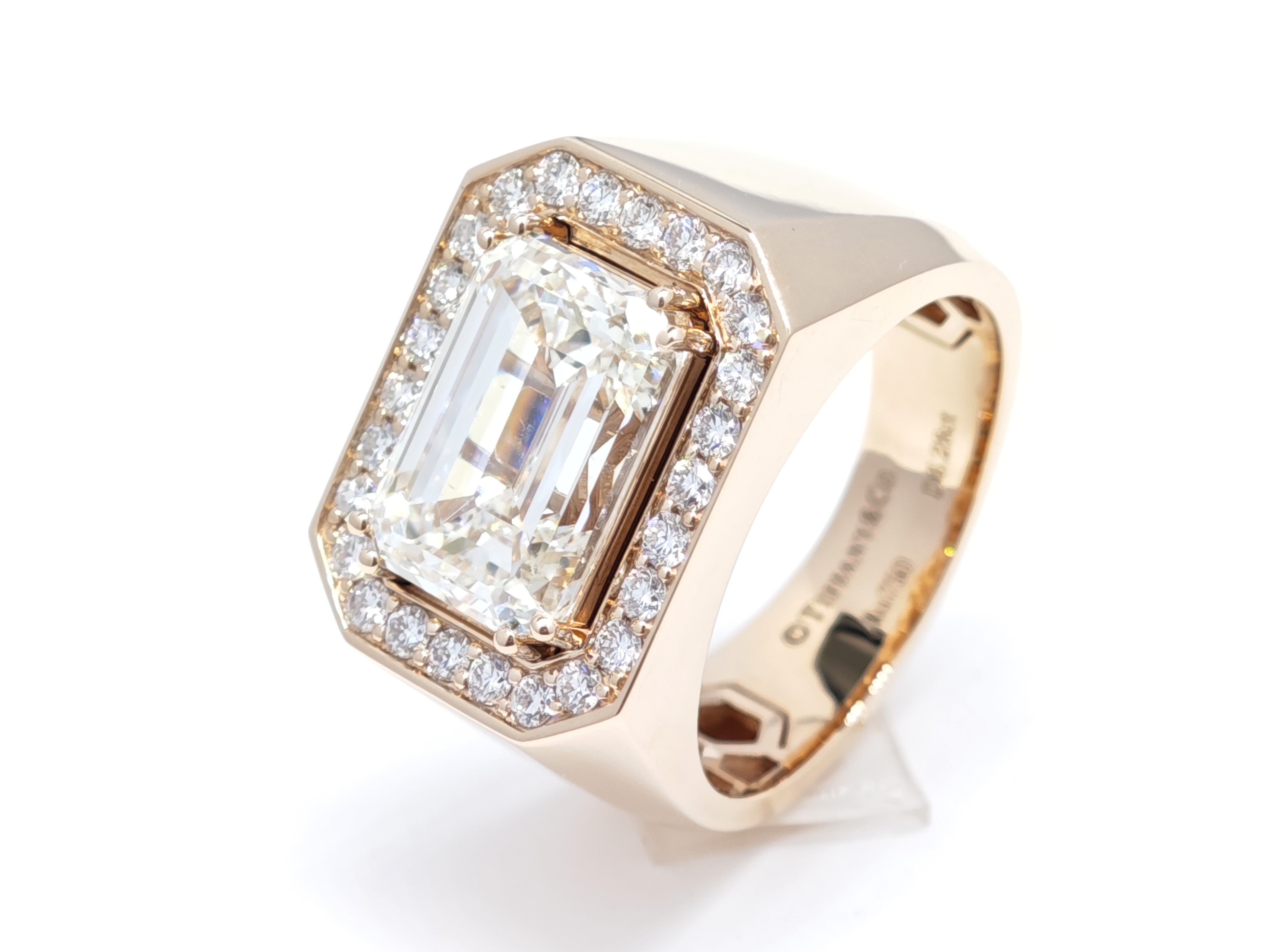 6.28ct Emerald Cut Halo Lab Grown Diamond Ring, Wide Rose Gold Band — lab grown diamond ring